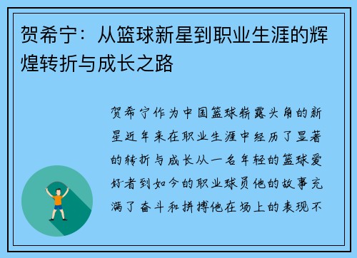 贺希宁：从篮球新星到职业生涯的辉煌转折与成长之路